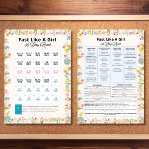 May include: Two colorful floral-themed printables titled "Fast Like A Girl 30 Day Reset" are displayed. The left printable is a calendar with time blocks. The right printable lists phases, foods, and workouts. The printables are on a corkboard.