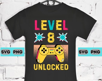 Level 8 Unlocked 8 Year Old Birthday Kids Gamer Retro Vintage 90s Gamer 8 Years Old Eight SVG PNG Digital Print Download Cricut 8th Birthday