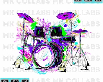 Batería multicolor de rock and roll, batería, batería, SVG, PNG, PDF, impresión digital, descarga, sublimación, Cricut