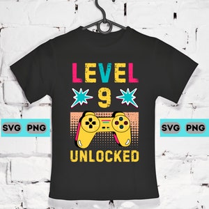 Level 9 Unlocked 9 Year Old Birthday Kids Gamer Retro Vintage 90s Gamer 9 Years Old Nine SVG PNG Digital Print Download Cricut 9th Birthday