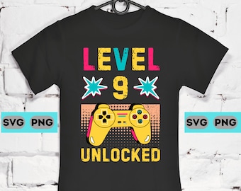 Level 9 Unlocked 9 Year Old Birthday Kids Gamer Retro Vintage 90s Gamer 9 Years Old Nine SVG PNG Digital Print Download Cricut 9th Birthday