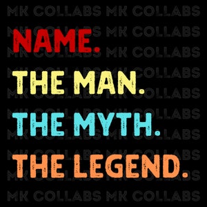 May include: A black background with the text "NAME. THE MAN. THE MYTH. THE LEGEND." in a retro style with red, yellow, blue, and orange colors.