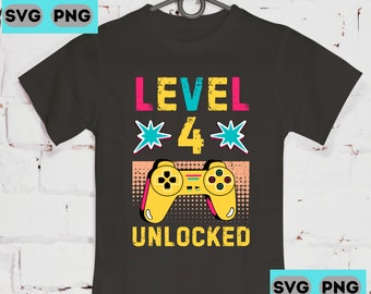 Level 4 Unlocked 4 Year Old Birthday Kids Gamer Retro Vintage 90s Gamer 4 Years Old Four SVG PNG Digital Print Download Cricut Sublimation