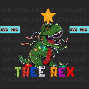 May include: A green dinosaur with a red, white, and blue striped bow tie and a star on top of its head. The dinosaur is decorated with colorful Christmas lights and has a red and white gift box at its feet. The text "TREE REX" is written in colorful letters below the dinosaur.