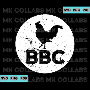 May include: A white circle with a distressed texture, featuring a black silhouette of a rooster and the text "BBC" in black. The circle is on a black background.