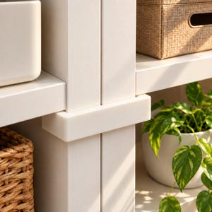 Peut inclure: Une étagère modulaire blanche avec des montants verticaux reliés par un support horizontal blanc. Les étagères contiennent un panier en osier tressé, une boîte de rangement en tissu beige et un pot en céramique blanche avec une plante verte.