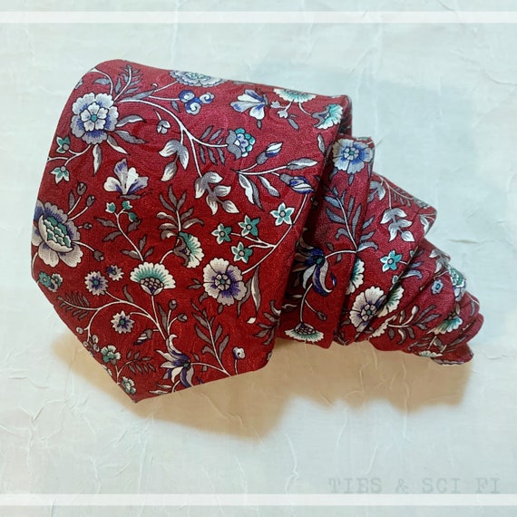 Maroon Flower Garden Silk Necktie by LDM handmade… - image 1