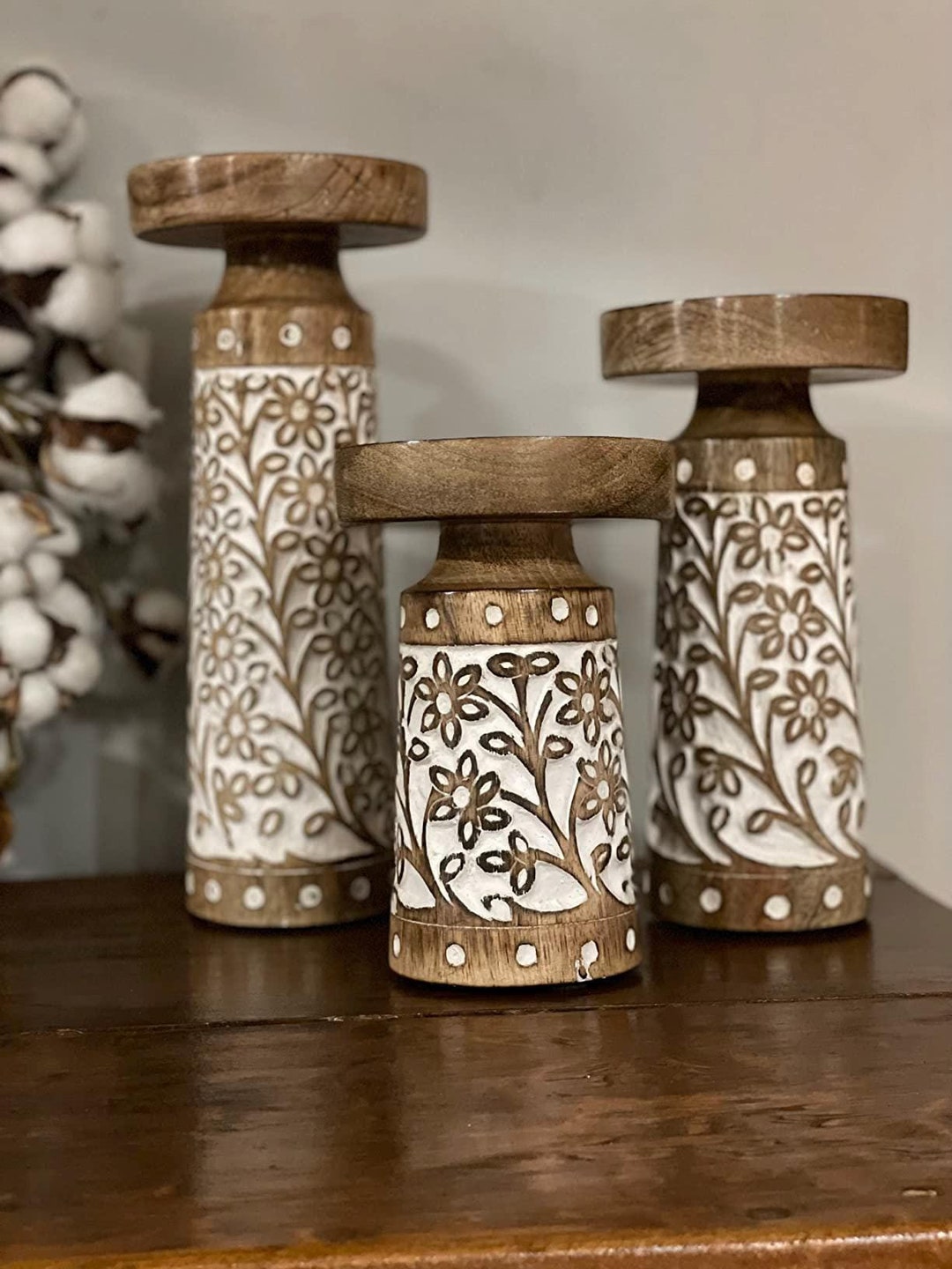 Rustic Mango Wood Candle Holders Hand Carved, Set of 3 6, 8, 10 for ...