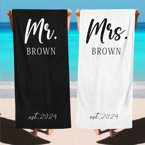 Personalized Bride Groom Beach Towel, Custom Mr&Mrs Beach Towel,Bride Honeymoon Travel,Gift For Couples,Beach Bachelorette,Just Married Gift