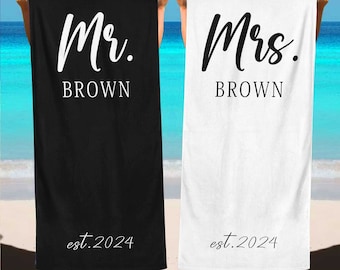 Personalized Bride Groom Beach Towel, Custom Mr&Mrs Beach Towel,Bride Honeymoon Travel,Gift For Couples,Beach Bachelorette,Just Married Gift