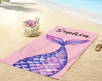 Custom Beach Towel For Girls,Mermaid Tail,Girls Beach Trip Decor,Swimming Pool Towel,Toddler Towel,Birthday Girl Gift,Beach Bachelorette