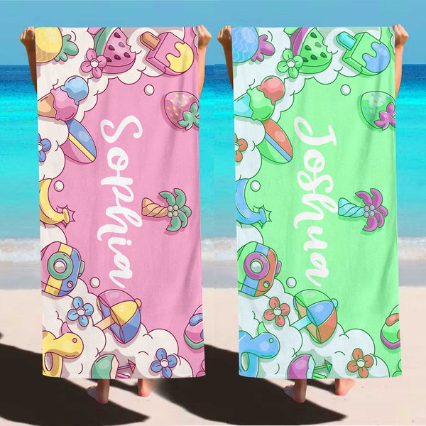 Personalized Kids Beach Towel,Summer Birthday Gift For Kids,Summer Vibes,Girls Beach Trip,Custom Beach Towel,Swimming Pool,Beach Decor