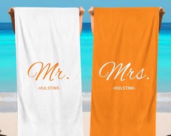 Personalized Mr&Mrs Beach Towel,Honeymoon Gift,Custom Name Beach Towel,His Hers Newlywed Anniversary Gift,Monogram Towel,Couple Gift 360GSM