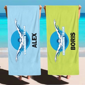 Schwimmteam Strandtuch, Schwimmverein Geschenk, personalisierter Name Strandtuch, Pooltuch, Sommersaison Geschenk, Sommer Dekor, Meer Urlaub Geschenk