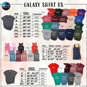 The image is a collage of various t-shirt designs and sizes, including different styles and colors, along with their corresponding measurements and descriptions.