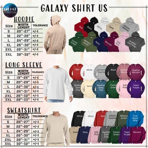 The image is a collage of various clothing items, including a hoodie, long sleeve shirts, and sweatshirts, along with their corresponding sizes and colors.