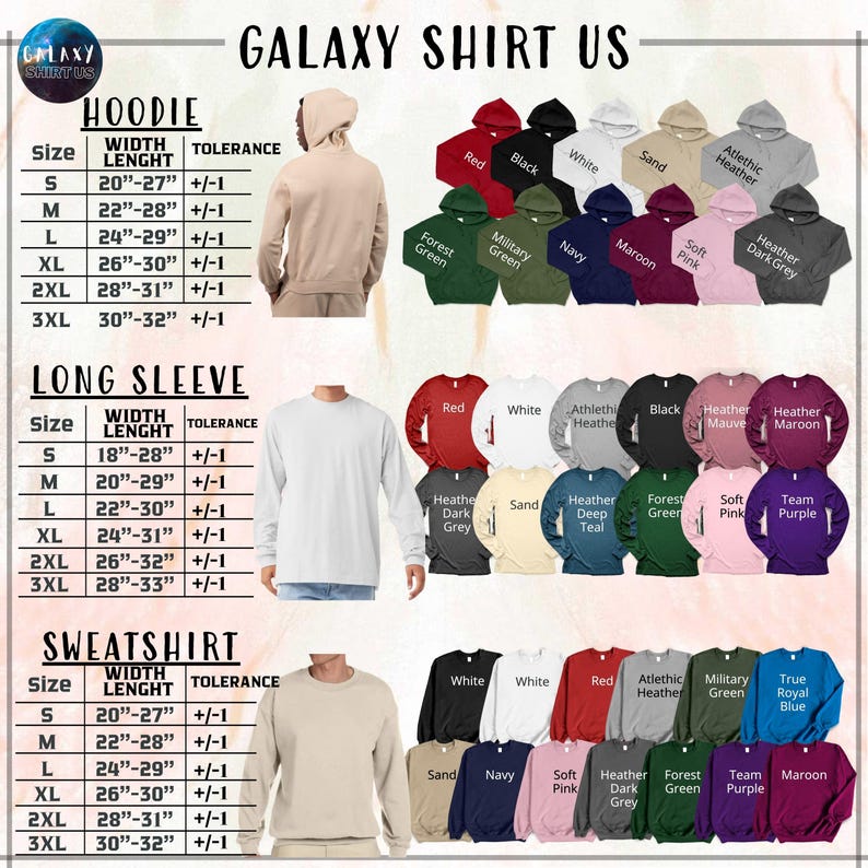 The image is a collage of various clothing items, including a hoodie, long sleeve shirts, and sweatshirts, along with their corresponding sizes and colors.