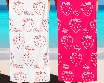 Personalized Strawberry Beach Towel:Watercolor Summer Gift