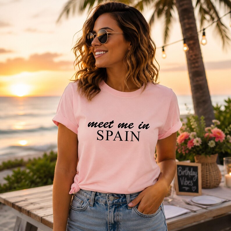 A woman wearing a pink t-shirt with the text "Meet me in Spain" stands on a beach at sunset, smiling and looking towards the camera.