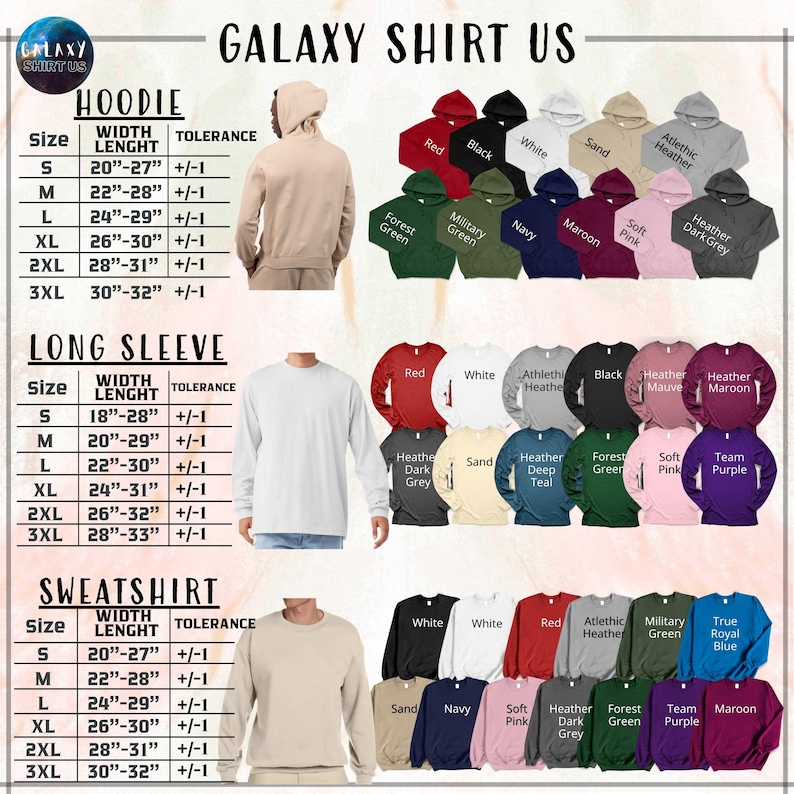 The image is a collage of various clothing items, including a hoodie, long sleeve shirts, and sweatshirts, along with their corresponding sizes and colors.