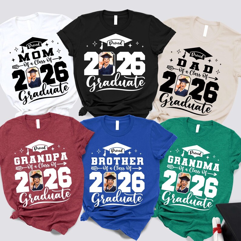 a collection of six t-shirts, each with a unique design and text related to graduation.