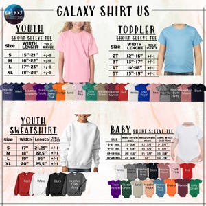 The image is a collage of various t-shirt designs and sizes, including a "Galaxy Shirt Us" collection, a "Youth Short Sleeve T-shirt" and a "Toddler Short Sleeve T-shirt", as well as a "Baby Short Sleeve T-shirt" and a "Youth Sweatshirt". The image provides size and color options for each type of shirt, including short sleeve, long sleeve, and short sleeve t-shirts, as well as different color options for the shirts.