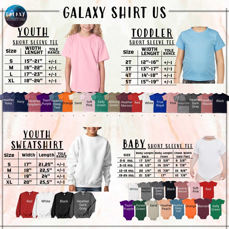 The image is a collage of various t-shirt designs and sizes, including a "Galaxy Shirt Us" collection, a "Youth Short Sleeve T-shirt" and a "Toddler Short Sleeve T-shirt", as well as a "Baby Short Sleeve T-shirt" and a "Youth Sweatshirt". The image provides size and color options for each type of shirt, including short sleeve, long sleeve, and short sleeve t-shirts, as well as different color options for the shirts.