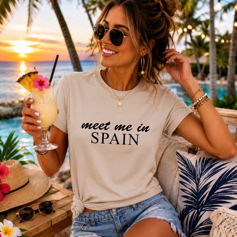 A woman wearing sunglasses and a t-shirt with the text "Meet me in Spain" is sitting on a beach chair, holding a drink and smiling.
