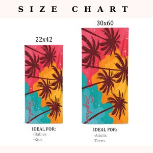 May include: Two beach towels with a tropical palm tree design. The larger towel is 30 inches by 60 inches and the smaller towel is 22 inches by 42 inches. Both towels have the word "Sophia" written on them.