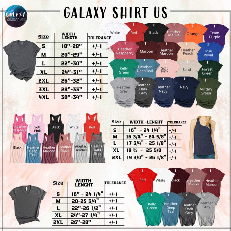 The image is a collage of various t-shirt designs and sizes, including different styles and colors, along with their corresponding measurements and descriptions.