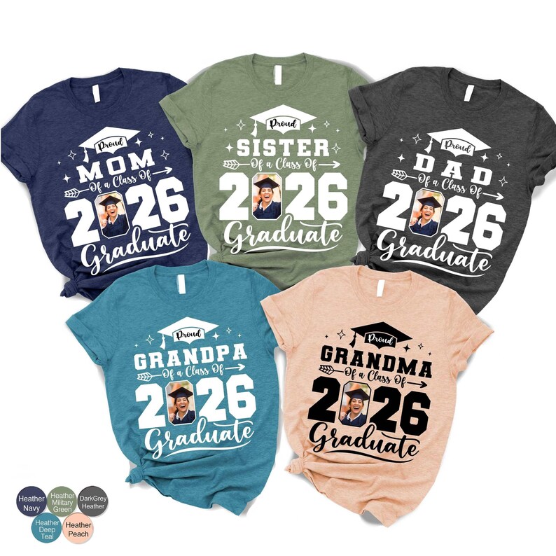 a collection of six t-shirts, each with a unique design and text related to graduation.