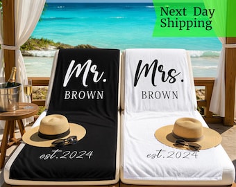 Personalized Mr & Mrs Beach Towel:Honeymoon Gift for Couples