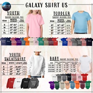 The image is a collage of various t-shirt designs and sizes, including a "Galaxy Shirt Us" collection, a "Youth Short Sleeve T-shirt" and a "Toddler Short Sleeve T-shirt", as well as a "Baby Short Sleeve T-shirt" and a "Youth Sweatshirt". The image provides size and color options for each type of shirt, including short sleeve, long sleeve, and short sleeve t-shirts, as well as different color options for the shirts.