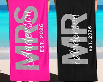 Personalized Mr & Mrs Beach Towel: Honeymoon Gift, Est. 2026