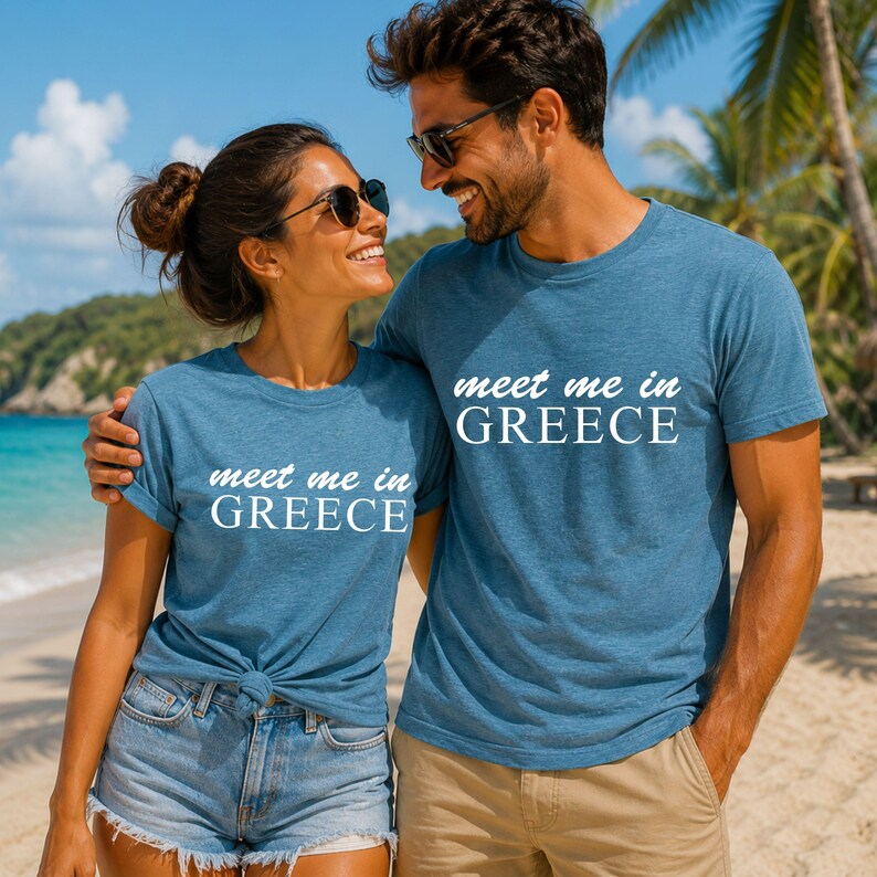A man and a woman standing together on a beach, smiling and wearing matching t-shirts with the text "Meet me in Greece".