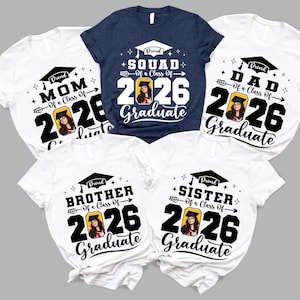a collection of five t-shirts, each with a unique design and text related to graduation.
