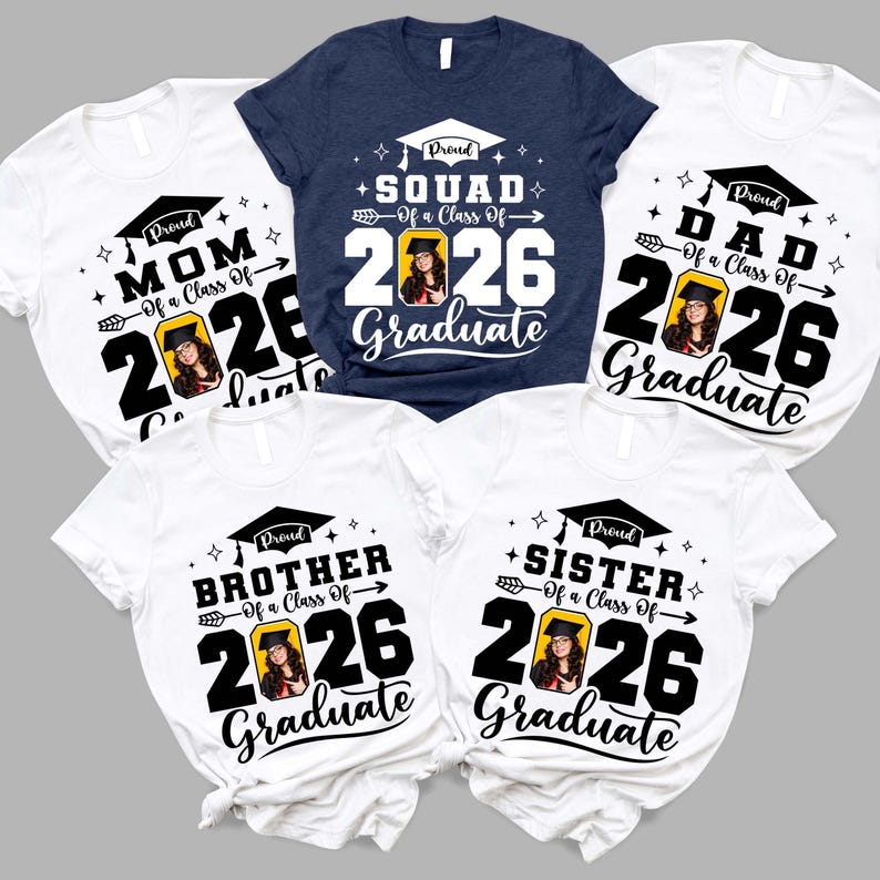 a collection of five t-shirts, each with a unique design and text related to graduation.