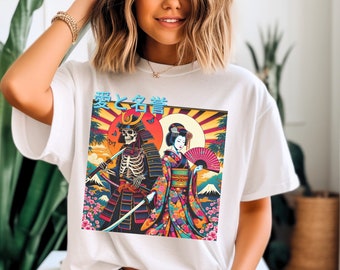 Camiseta colorida con estampado de geisha japonesa y guerrero samurái esqueleto, amor y honor.