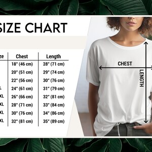 May include: Size chart for a white t-shirt with measurements in inches and centimeters. The chart shows the size, chest measurement, and length of the shirt.