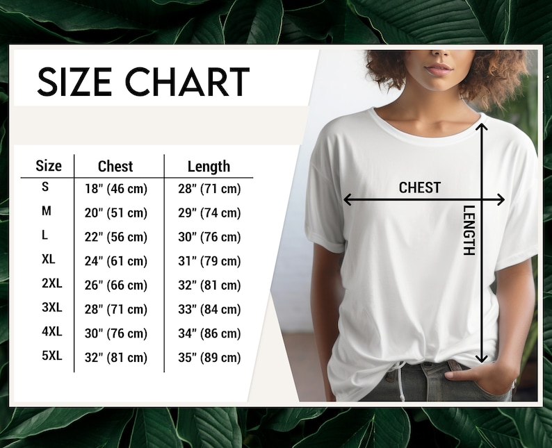 May include: Size chart for a white t-shirt with measurements in inches and centimeters. The chart shows the size, chest measurement, and length of the shirt.