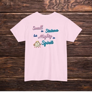 May include: Pink t-shirt with a cartoon animal graphic and the text "Small in Stature but Mighty in Spirit".
