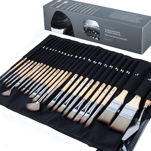 24Pcs Paint Brush Set/Expert Series, Enhanced Synthetic Brush Set w/- Cloth Roll  & Palette Knife for Acrylic, Oil, Watercolor and Gouache