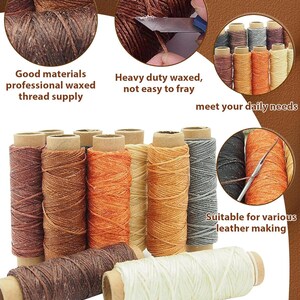 May include: A collection of spools of waxed thread in various colors, including brown, orange, and cream. The image includes text that reads "Good materials professional waxed thread supply" and "Suitable for various leather making."
