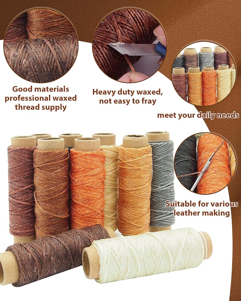 May include: A collection of spools of waxed thread in various colors, including brown, orange, and cream. The image includes text that reads "Good materials professional waxed thread supply" and "Suitable for various leather making."