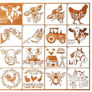 15Pcs Farmhouse Reusable Stencils for Painting on Wood, Furniture, Fabric, Wall/ DIY Farm Animals Craft