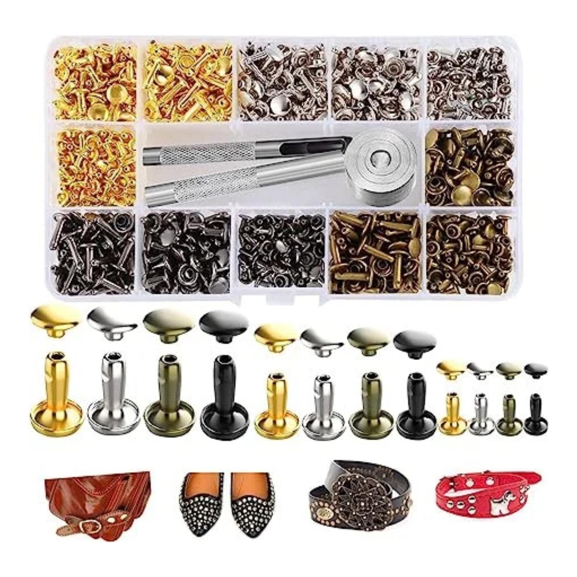 240 Sets Leather Rivets: Double Cap Tubular, 4 Colors & 3 Sizes