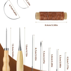 May include: A collection of sewing needles and thread. The image shows various needle sizes, including curved and straight needles, with measurements in inches and centimeters. A spool of brown thread is also displayed.