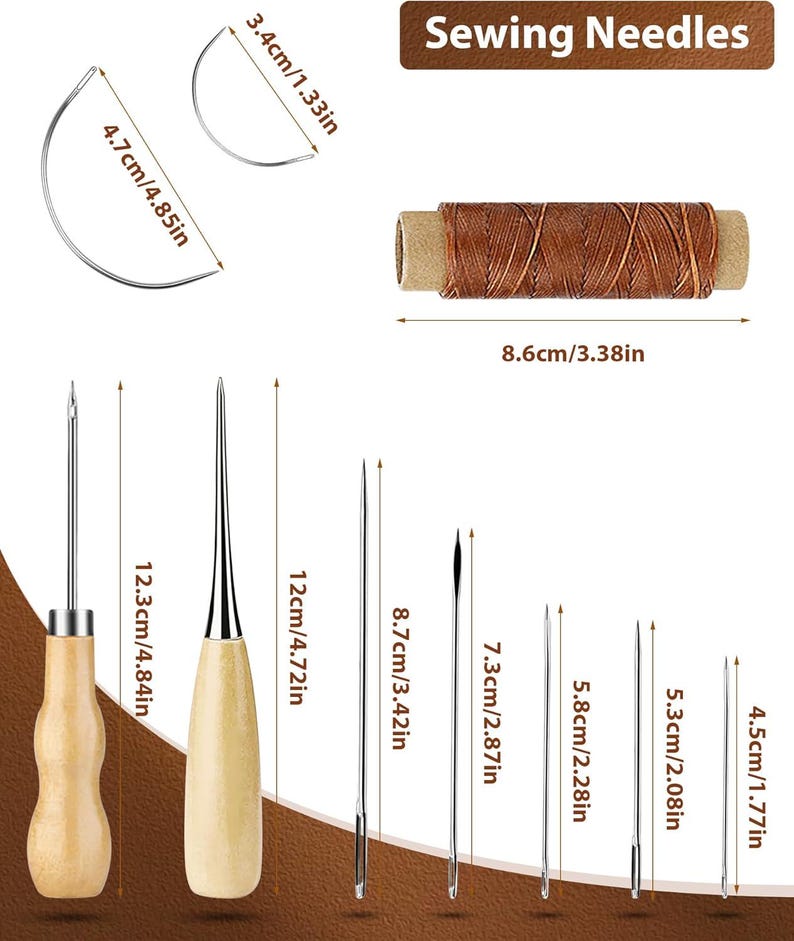 May include: A collection of sewing needles and thread. The image shows various needle sizes, including curved and straight needles, with measurements in inches and centimeters. A spool of brown thread is also displayed.