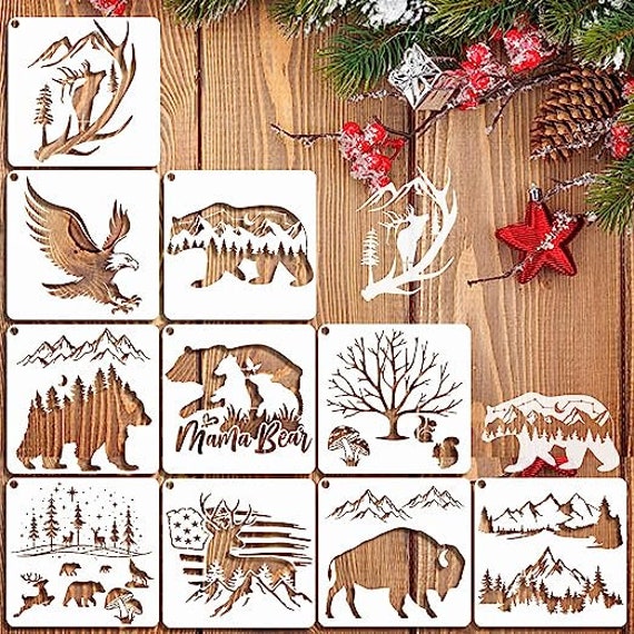 10 Bear, Deer, Eagle, Mountain, Bison, Tree Stencils: Wildlife Forest  Animal Templates for Wood Burning, Painting, and Wall Decor 