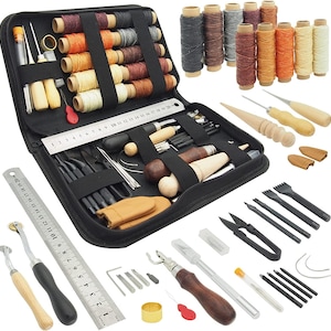 Leather Working Tools for Beginners/Professional Leather Craft Kit w/- Waxed Thread Groover Awl Stitching Punch for Leathercraft